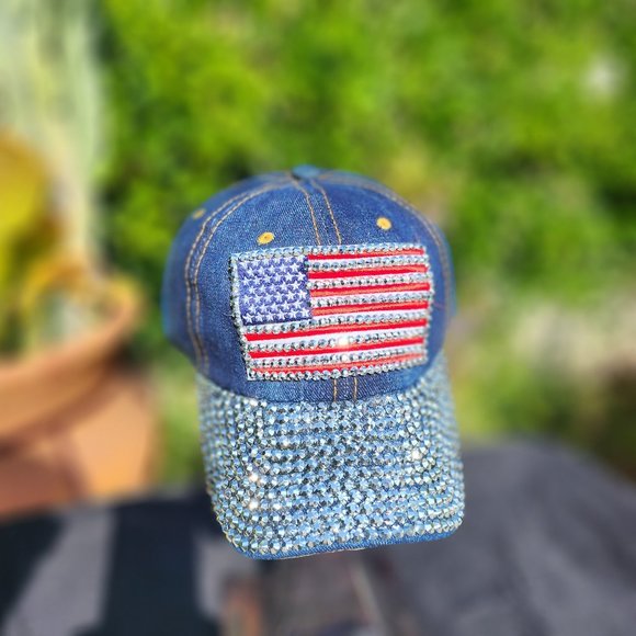 Women’s Bling Denim Patriotic Cap/Hat w/Crystal Brim - Picture 1 of 4